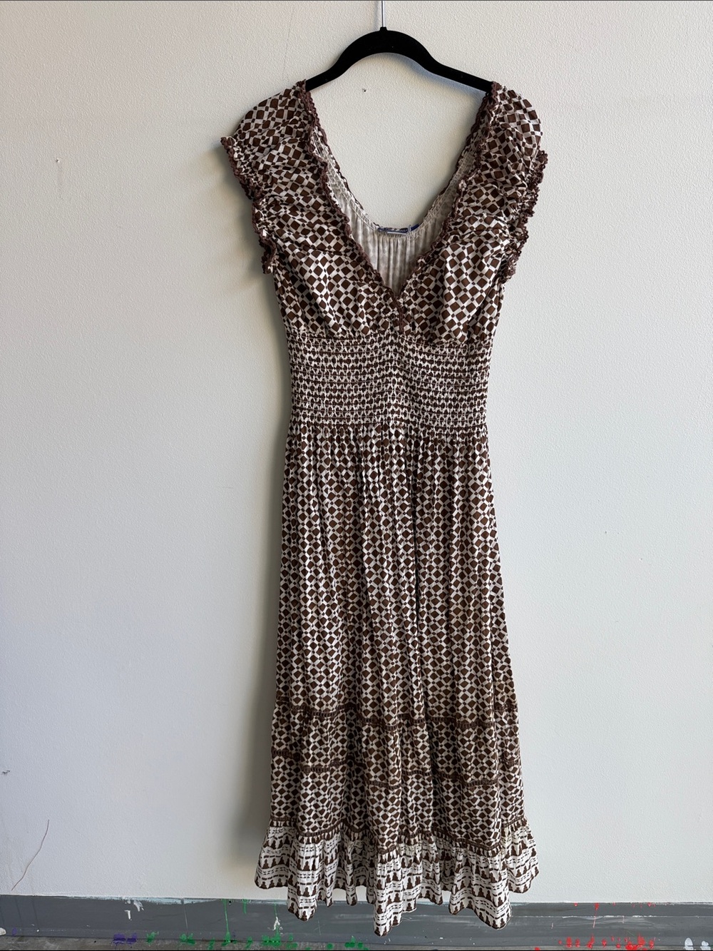 Smocked V-Neck Midi Dress in Brown Geo Print